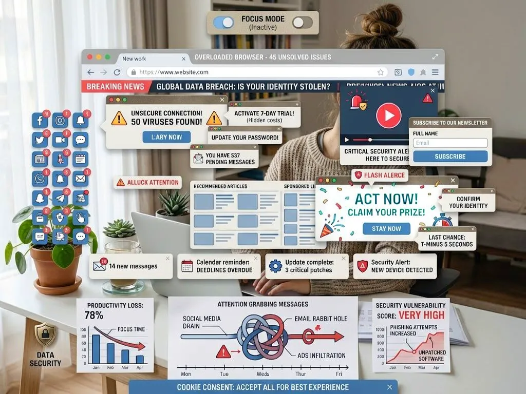 A browser window buried under stacked pop-ups, alerts and promotional overlays