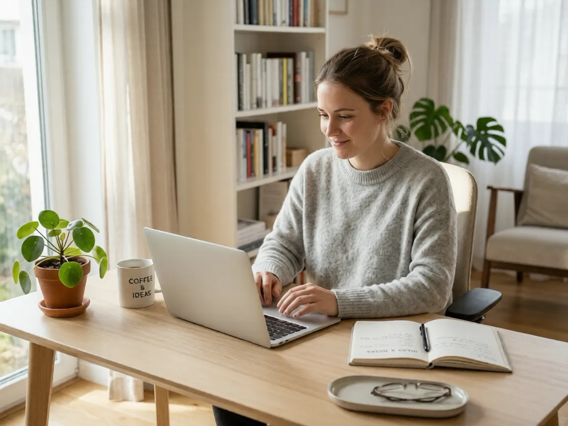 A woman reading on a laptop at a tidy, sunlit desk beside a notebook and a potted plant